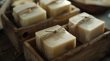 The natural rustic packaging of artisan soaps reflecting the simplicity and purity of the ingredients within photo