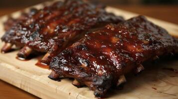 The smoky scent of slowcooked ribs dripping in a savory and sticky barbecue sauce photo