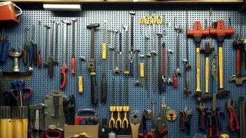 A pegboard wall covered with a variety of tools from hammers and screwdrivers to pliers and wrenches creating a visually appealing and efficient storage solution photo