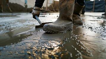 A worker using a trowel to spread and smooth out the freshly poured concrete taking pride in their precision and attention to detail photo