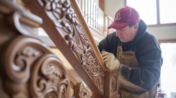 A dedicated homeowner meticulously handcarves intricate designs onto a newly installed banister replicating the original one that had been damaged beyond repair photo