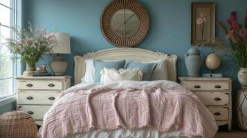 A detailed stenciled pattern in soft pastel colors adorns a neutralcolored dresser adding a pop of color and texture photo