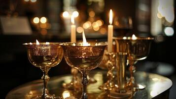 el parpadeando velas en cada mesa son reflejado en el pulido latón barware agregando un toque de glamour a el cruz siendo servido. 2d plano dibujos animados foto