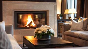 The modern fireplace is the focal point of the luxurious lounge surrounded by plush furnishings. 2d flat cartoon photo