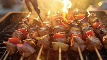 como el Dom conjuntos en el antecedentes el maestro del Pit cuidadosamente voltea brochetas de oferta marinado kebabs en el parrilla. el chisporrotear de el vegetales mezclas con el dulce y saborear foto