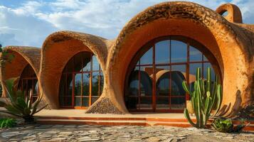 An architectural marvel made entirely of earthen clay featuring curved walls and stunning arched windows that push the boundaries of traditional clay building. photo