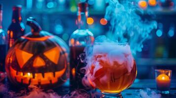 A Halloween costume party with spooky mocktails like witches brew and a pumpkin carving contest photo