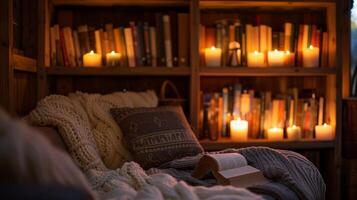 As night falls the reading nook becomes a peaceful retreat with the soft glimmer of candles providing a sense of comfort and coziness. 2d flat cartoon photo