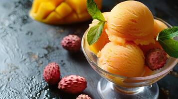 un refrescante lychee y mango sorbete hecho con Fresco en la zona de origen frutas foto
