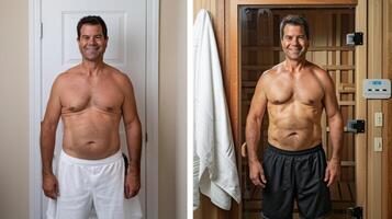 un antes de y después foto de un bien conocido cómico exhibiendo su peso pérdida viaje y acreditar infrarrojo saunas como un llave factor.