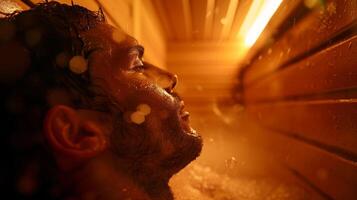 de cerca imagen de un nadadores cara en un sauna demostración cómo saunas lata ayuda en reduciendo respiratorio cuestiones y mejorando respiración. foto