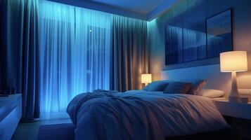 un vislumbrar de un dormitorio con el cortinas dibujado y el luces conjunto a un calmante azul matiz creando el Perfecto ambiente para relajación y dormir Gracias a el inteligente hogar tecnología foto