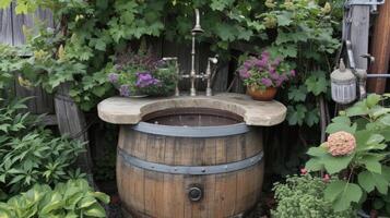 An empty wine barrel has been converted into a functional outdoor sink complete with plumbing and a repurposed faucet perfect for summer garden parties photo