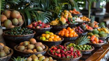dejar tu curiosidad guía usted como usted muestra el desconocido y intrigante frutas en esta buffet foto