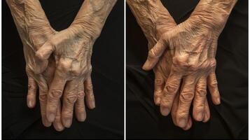 A before and after photo showcasing the significant improvement in range of motion and reduced swelling in the hands of an arthritis patient who regularly uses the theutic sauna.