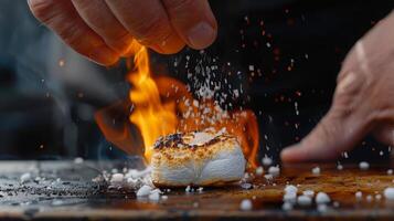 A closeup of a hand sprinkling a pinch of sea salt onto a perfectly roasted marshmallow photo