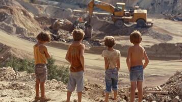 Tres Niños en pie en un cerca colina supervisar el construcción sitio molesto a predecir el siguiente moverse de el trabajadores y máquinas foto