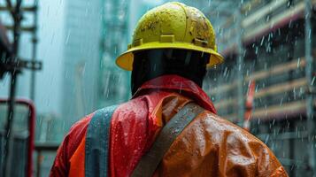 mediante lluvia o brillar el capataz permanece dedicado y vigilante en supervisando el construcción proyecto foto