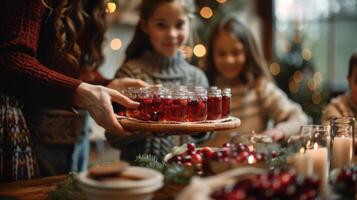 A child passing around a tray of cranberry punch to their delighted family members photo