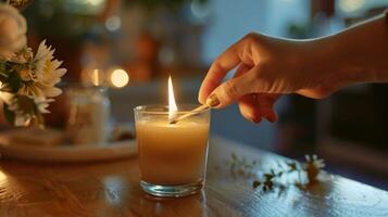 A hand holding a match ready to light the candles and start an evening of relaxation indulgence and selfcare photo