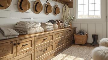 A detailed image of a mudroom organization system with a row of drawers and cabinets providing ample storage for hats gloves and other seasonal items while maintaining a clea photo