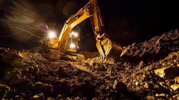 An excavator digging into the earth its movements highlighted by the beams of light from the floodlights photo