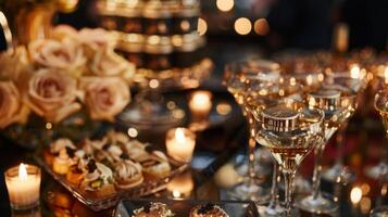 A sophisticated evening event with guests sampling opulent perfumes paired with decadent hors doeuvres photo