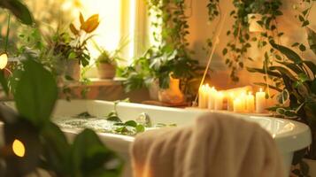 A bathtub surrounded by hanging plants candles and fluffy towels creating a tranquil oasis for a spa day escape at home photo