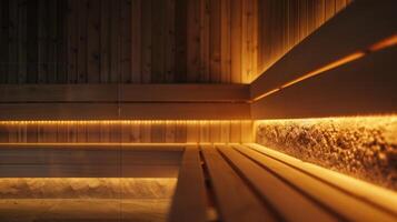The lighting in the sauna is dim creating a calming ambience for users to clear their minds and destress. photo