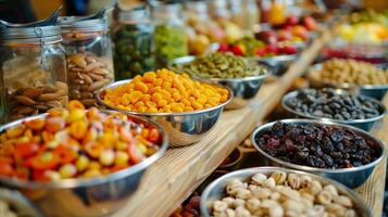 A creative smoothie topping bar with options such as nuts seeds and dried fruits photo