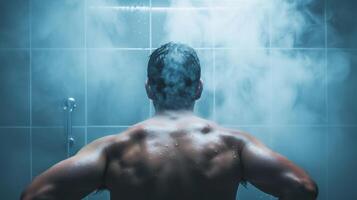 un persona usos un sauna como parte de su físico terapia régimen hallazgo ese eso muy reduce su crónico espalda dolor. foto