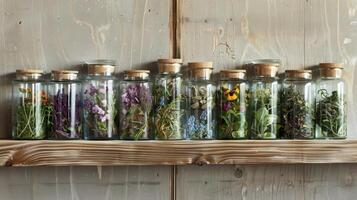 A selection of heatresistant glass jars filled with aromatic herbs to be used in the sauna for relaxation and wellness benefits. photo