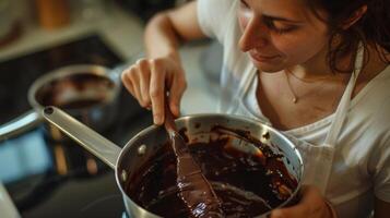 un mujer cuidadosamente emocionante un maceta de oscuro Rico chocolate terminado un doble caldera un Mira de concentración en su cara foto