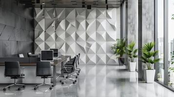 A monochromatic geometric ceramic wall installation adding texture and depth to a sleek office space. photo