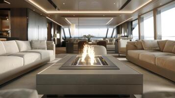 The sleek and streamlined fireplace fits seamlessly into the sophisticated design of the yachts lounge. 2d flat cartoon photo