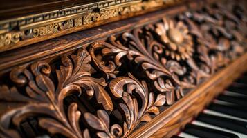 A closeup of a restored piano with its keys polished and the intricate woodwork cleaned and repaired photo