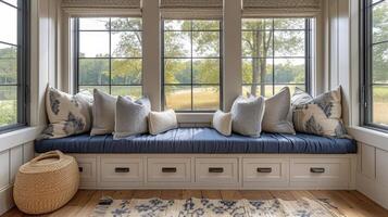 A charming window seat nook complete with custom trim work and builtin storage providing the perfect spot for relaxation and reading photo