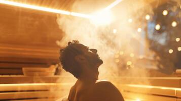 Image shows a person relaxing in a sauna surrounded by soft steam and warm wood walls with a caption describing how sauna use can benefit hormonal balance. photo