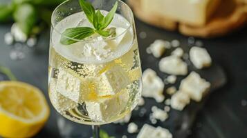 A nonalcoholic spritzer paired with a tangy and creamy feta cheese photo