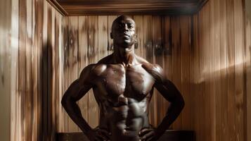 A fitness guru posing in a sauna emphasizing the role of heat and sweating in improving muscle recovery and flexibility. photo