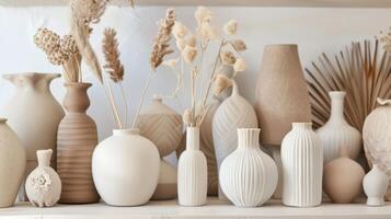 A display of ceramic vases with a minimalist design creating a sleek and sophisticated look with a neutral color palette. photo