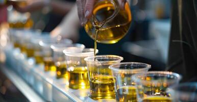 The rich golden hue of premium extra virgin olive oil being poured into small tasting cups ready for attendees to sample photo