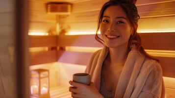 A person sitting inside the infrared sauna smiling and holding a cup of water. The caption suggests adding a small table or shelf inside the sauna for beverages and other essentials. photo