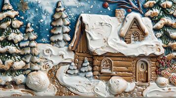 An intricately painted ceramic trivet featuring a holiday scene of a cozy cabin in the snow a stylish and functional addition to any kitchen. photo