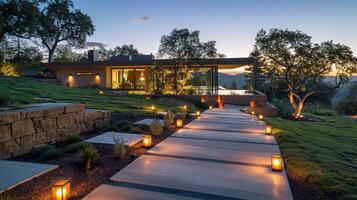 As twilight falls the pathway lights up with candles revealing a modern home nestled within a serene landscape. 2d flat cartoon photo