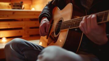 un sauna sesión acompañado por En Vivo música con un músico jugando un tranquilo melodía en su guitarra a mejorar el teutico efectos foto