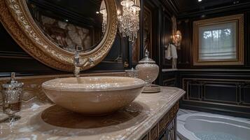 A stunning powder room design showcases a marble sink with intricate gold detailing complemented by a crystal sconce and intricate artwork photo