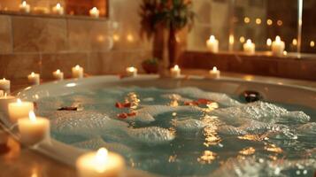 A luxurious spa bath adorned with tiny suspended candles giving off a tranquil and intimate vibe. 2d flat cartoon photo