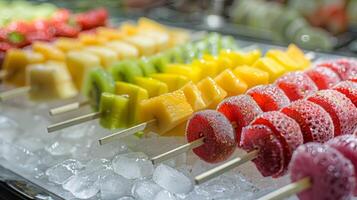 A display of colorful fruit kabobs on sticks meant to be added to glasses of ice water for a flavorful and healthy hydration option photo