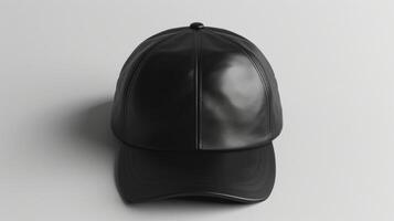 Blank mockup of a sleek black leather baseball cap with a structured crown and Velcro closure. photo